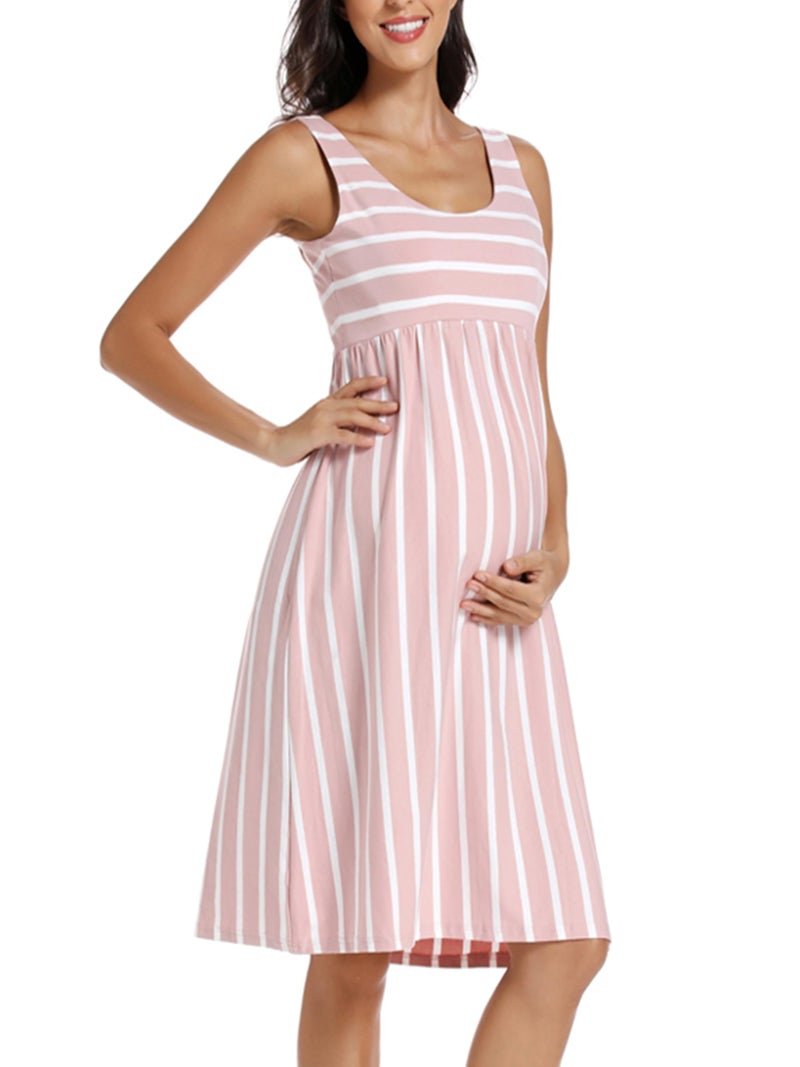 Ecavus Womens Maternity Tank Dress Stripe Color Block Sleeveless Knee Length for Baby Shower - Image 2